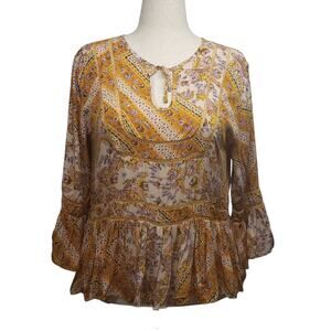 Janse Vintage Marigold Floral Blouse  Size L Ruffles Boho 70s 80s Cottagecore